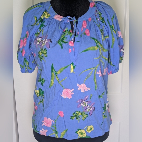 LOFT Women's Floral Blue Blouse Top Deep V-neck Balloon Sleeve Sz M - Picture 1 of 9